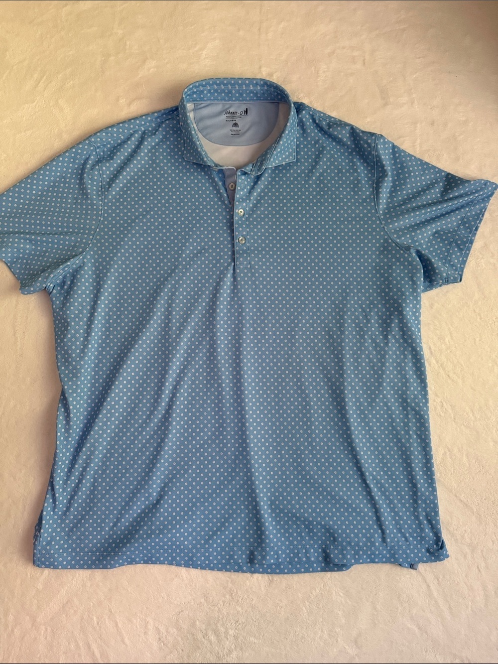 johnnie-O Light Blue Polo with White and Red Micro Dot Pattern